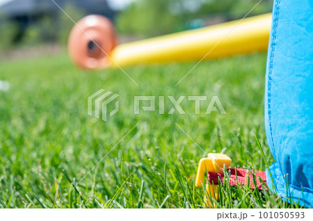 Focus on grass with blurred bouncy house stake pinned into turf 101050593