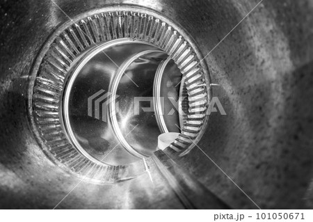 Interior view of residential HVAC galvanized metal duct piping Interior view of residential HVAC galvanized metal duct piping 101050671