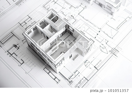 Architectural plan on white paper. Technical project of living room. Drawing for construction. Created with Generative AI 101051357