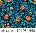Vintage floral seamless pattern with orange flowers and foliage on dark background. Vector illustration. 101051440