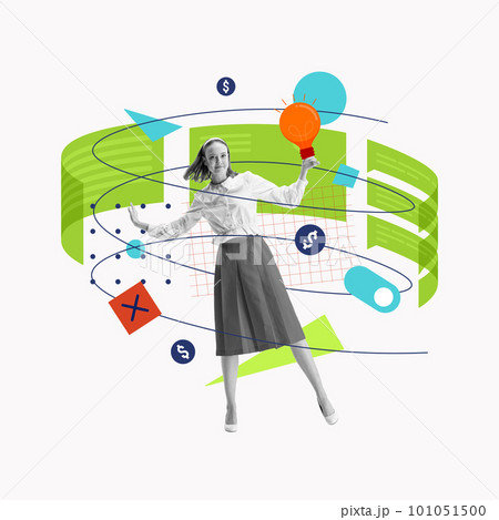 Innovative business ideas. Young woman, female employee generating creative vision for projects and startups. Conceptual design. Contemporary art collage. 101051500