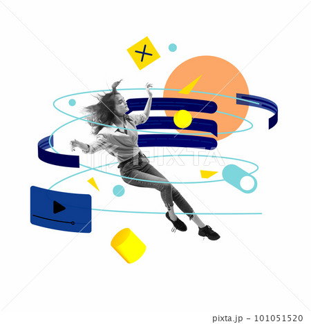 Young woman, employee in flow of business processes. Innovative approach in professional occupation. Conceptual design. Contemporary art collage. 101051520