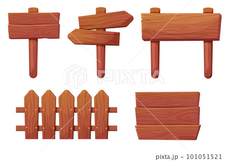 Set of wooden tablets, textured panels, signboards with pointer, fence with nails in cartoon style isolated on white background. Rustic board, plank with place. Ui game assets 101051521