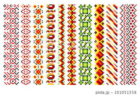 Ukrainian traditional embroidery. Set of patterns for cross stitching decoration. Cross-stitch traditional folk. Vector illustration of ethnic seamless ornamental geometric design 101051558