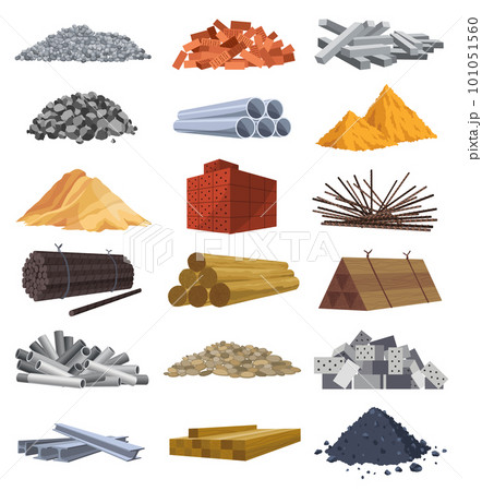 Building materials. Construction concept. Illustrations can be used for construction sites or illustrate renovation works. Bricks, planks, metal, sand and stone pipes vector set 101051560