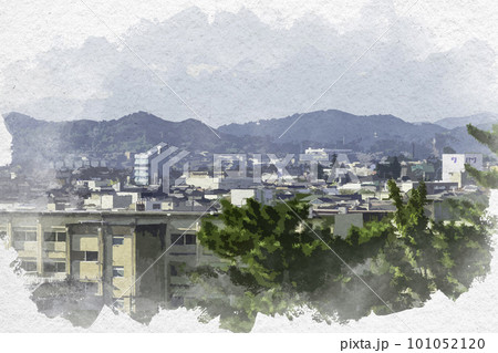 水彩画風　松阪　松阪城跡から松阪市街地南方面を望む　三重県松阪市 101052120