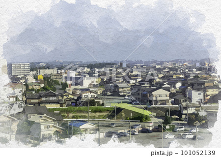 水彩画風　松阪　松阪城跡から松阪市街地北方面を望む　三重県松阪市 101052139