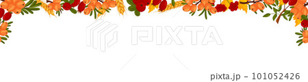 Spring horizontal frame with sea buckthorn berries, rosehip, cranberries, wheat branches and leaves. Summer vector banner 101052426