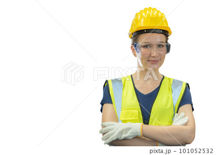 Engineer woman onstruction worker with yellow helmet safety uniform isolated on white background Engineer woman onstruction worker with yellow helmet safety uniform isolated on white background 101052532