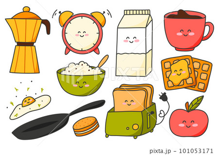 Set of good morning elements in kawaii style. Vector illustration. Collection of food for breakfast in cartoon style. Set of good morning elements in kawaii style. Vector illustration. Collection of food for breakfast in cartoon style. 101053171