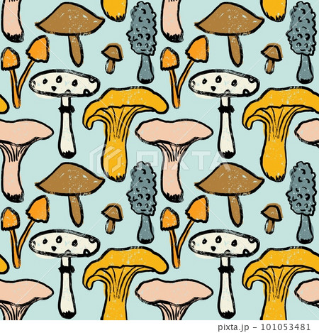 Hand drawn seamless pattern with beige yellow blue forest wood mushrooms. Woodland minimalist toadstool wild fungus fungi, nature poisonous plant organic season. Black ink outline modern design. 101053481