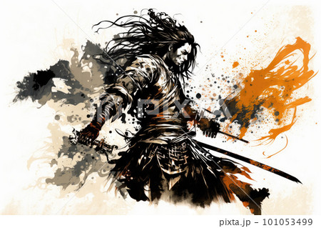刀を装備した墨絵の侍 101053499
