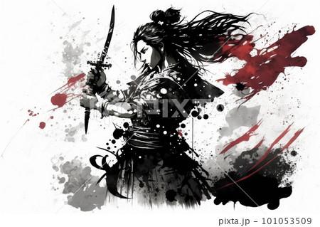 刀を振る墨絵の侍 101053509