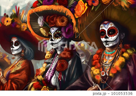 死者の日のコスチュームを着た女性達 101053536