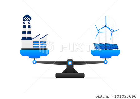 CO2 emissions. Eco compensation to reduce CO2. Zero emissions or carbon dioxide emission. Neutral balance. Scales with plants and factory. Vector illustration. CO2 emissions. Eco compensation to reduce CO2. Zero emissions or carbon dioxide emission. Neutral balance. Scales with plants and factory. Vector illustration. 101053696