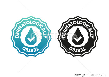 Dermatologically tested stamps. Dermatology label for sensitive skin baby cosmetic lotion or pure skin and body care products. Antibacterial alcohol or medical wash label. Vector illustration. 101053700