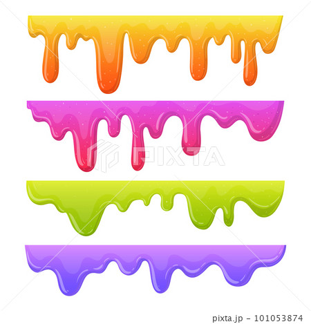 Cartoon slime borders. Dripping liquid mucus spots, sticky slime splashes. Goo sticky slime flat vector illustration set. Jelly dripping dividers 101053874
