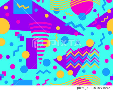 Seamless geometric pattern in 80s memphis style. Colorful geometric shapes. Design of promotional products, wrapping paper and printing. Vector illustration 101054092