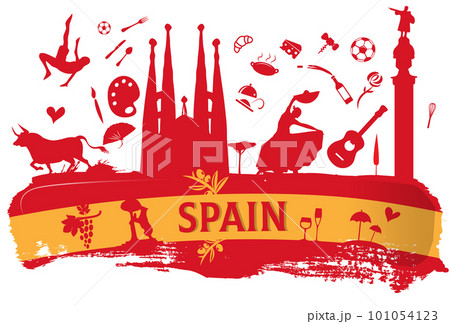 spain travel banner with icon and monuments on flag 101054123