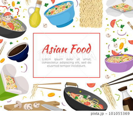 Wok Asian Food Banner Design with Noodle Preparation Vector Template 101055369
