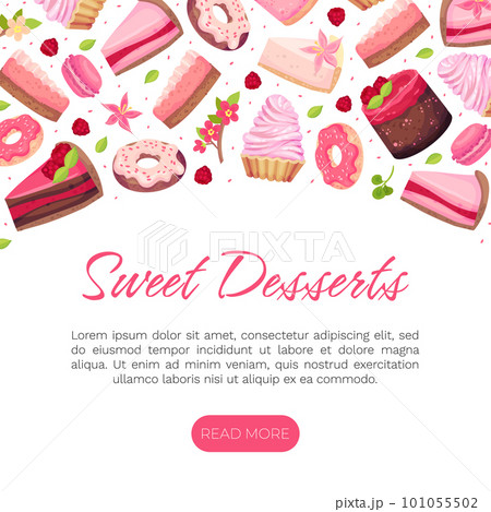 Sweet Raspberry Dessert Banner Design with Creamy Cake and Donut Vector Template 101055502