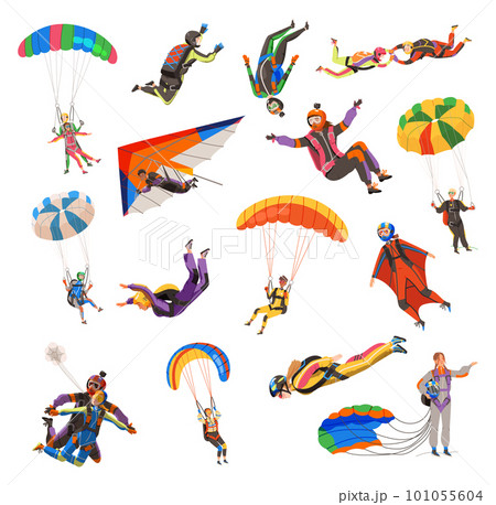 Paratroopers or Parachutist Free-falling and Descenting with Parachutes Big Vector Set 101055604