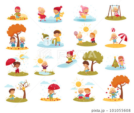 Kids Enjoying Four Seasons Playing at Nature Big Vector Set Kids Enjoying Four Seasons Playing at Nature Big Vector Set 101055608