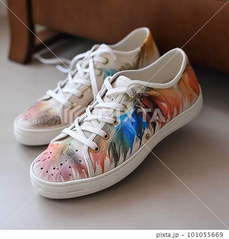 unusual sneakers with colored feather trim, creative shoe design unusual sneakers with colored feather trim, creative shoe design 101055669