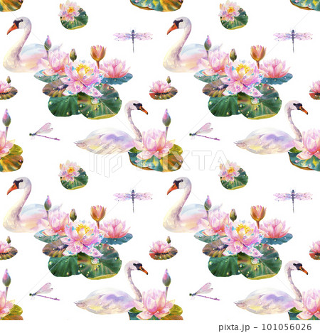 Watercolor seamless pattern with graceful swans, beautiful water lilies and dragonflies on white background. Use for scrapbooking, Invitations, books and journals, decoupage,cards for weddings. Watercolor seamless pattern with graceful swans, beautiful water lilies and dragonflies on white background. Use for scrapbooking, Invitations, books and journals, decoupage,cards for weddings. 101056026