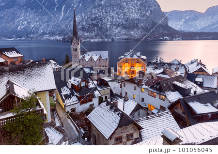 Hallstatt. Scenic view of the city and the lake at sunset. Hallstatt. Scenic view of the city and the lake at sunset. 101056045