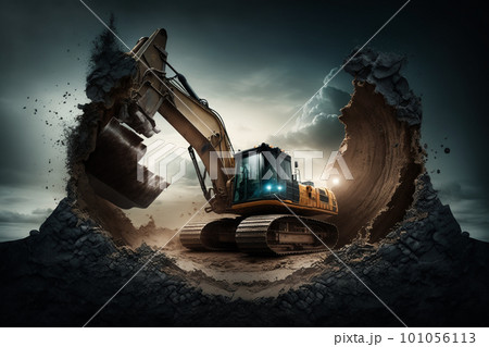 Crawler excavator during earthmoving works on construction site 101056113