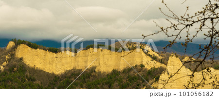 Flowering of dogwood and apple tree in early spring in sandy rocks near Melnik Bulgaria 101056182