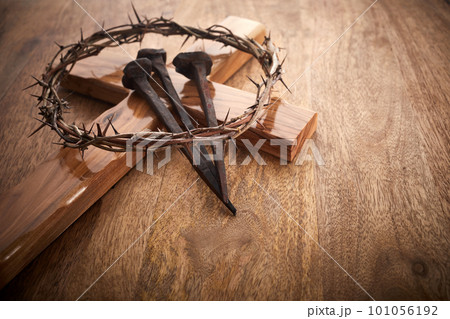 Jesus Crown Thorns and nails on Old and Grunge Background. Jesus Crown Thorns and nails on Old and Grunge Background. 101056192