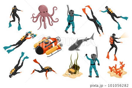 Diving Isometric Icons Set Diving Isometric Icons Set 101056282