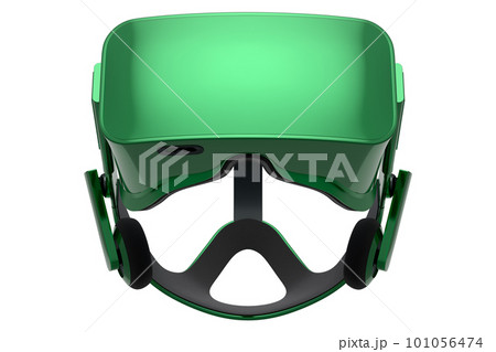 Realistic virtual reality glasses with green chrome texture on white background 101056474