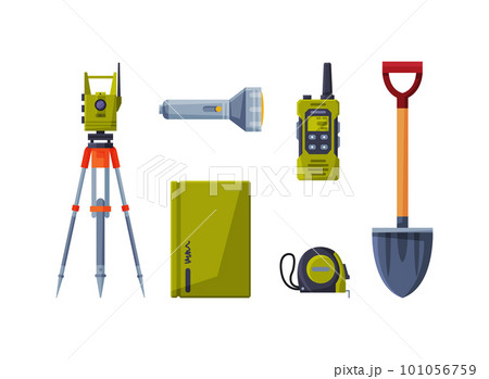 Earth Exploration and Geological Tools with Shovel, Notepad, Flashlight, Measuring Device Vector Set 101056759