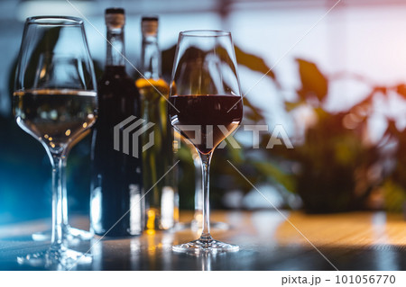 collection of luxury red and white French or Italian wine in bottle and glass 101056770