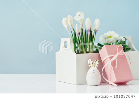 Easter eggs bunny with pink gift box and tender spring garden flowers on white table blue background. Side view. Happy Easter with Copy space Easter eggs bunny with pink gift box and tender spring garden flowers on white table blue background. Side view. Happy Easter with Copy space 101057047