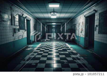 Corridor in abandoned hospital, scary dark passage in old building, generative AI. 101057211