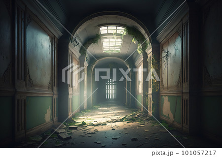 Corridor in abandoned building, scary dark passage in old mansion, generative AI 101057217
