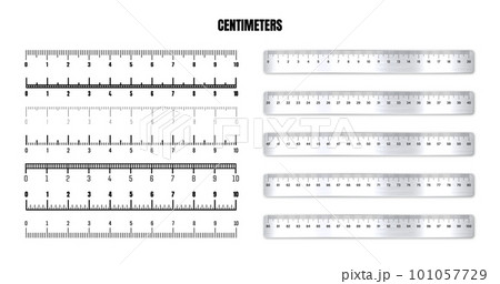 Realistic metal rulers with black centimeter scale for measuring length or height. Various measurement scales with divisions. Ruler, tape measure marks, size indicators. Vector illustration