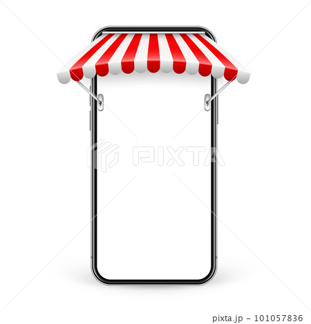 Smartphone with shop sunshade and metal mount, online internet shopping. Realistic red striped cafe awning. Outdoor market tent. Roof canopy. Summer street store. Vector illustration Smartphone with shop sunshade and metal mount, online internet shopping. Realistic red striped cafe awning. Outdoor market tent. Roof canopy. Summer street store. Vector illustration 101057836