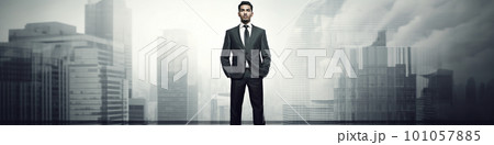 A businessman in a proud pose against a defocused thematic background, AI generative image 101057885