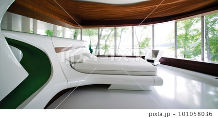 Archtectural image of futuristic bedroom interior with smooth shapes and a lot of space. AI generative image 101058036