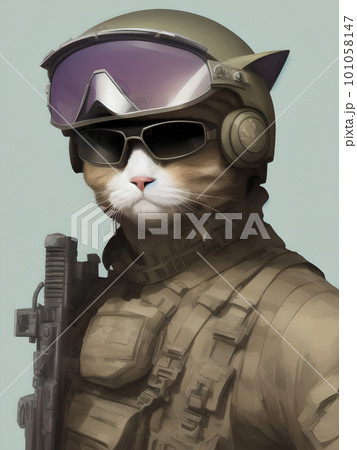 Cool single antropomorphic swat special ops cat with weapon. AI generated 101058147