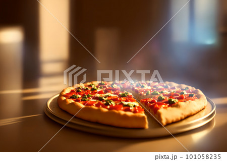 Hot tasty traditional italian pizza with salami, cheese, tomatoes greens on a dark background 101058235