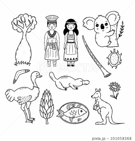Symbols of Australia. Set of doodle icons. Animals, nature and people. Symbols of Australia. Set of doodle icons. Animals, nature and people. 101058368