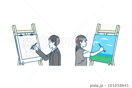 美術部　スケッチ、絵を描く生徒たちのイラスト 101058643