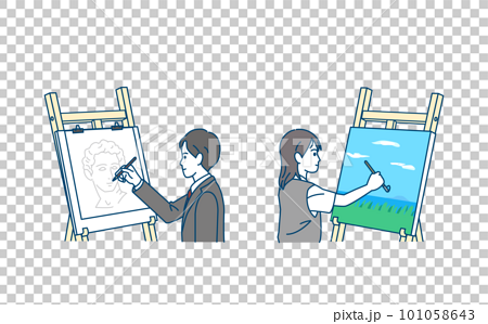 美術部　スケッチ、絵を描く生徒たちのイラスト 101058643
