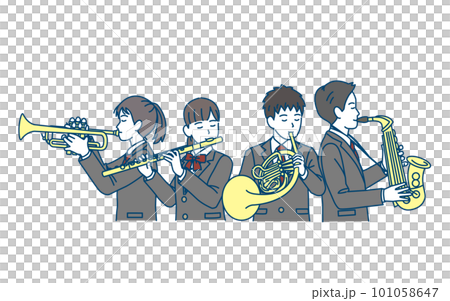 Brass band illustration of students playing musical instruments Brass band illustration of students playing musical instruments 101058647